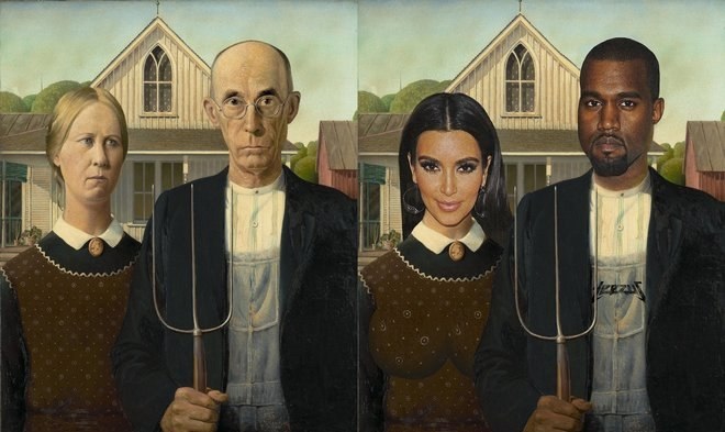 Kim and Kanye West Depicted as Grant Wood's American Gothic Couple.