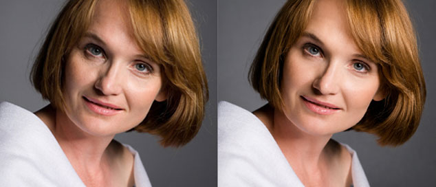 Before and after beauty photo retouching on a mature female portrait showing natural wrinkle softening and skin texture smoothing.