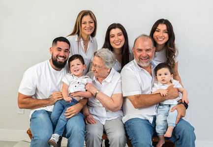 Family photo editing services sample featuring a multi-generation family studio portrait with light color balancing and enhancement.