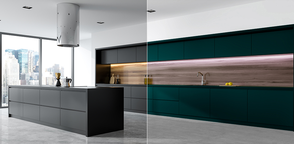 Before and after product photo retouching showing a modern kitchen island with digital color change editing for commercial products.