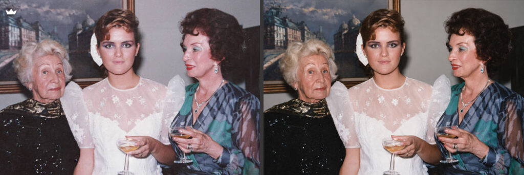Before and after vintage wedding photo restoration showing color correction and scratch repair on a three-generation family wedding photograph.